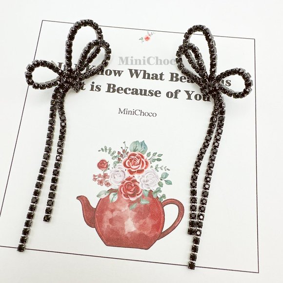 Black Rhinestone Bow Drop Earrings - Picture 1 of 6